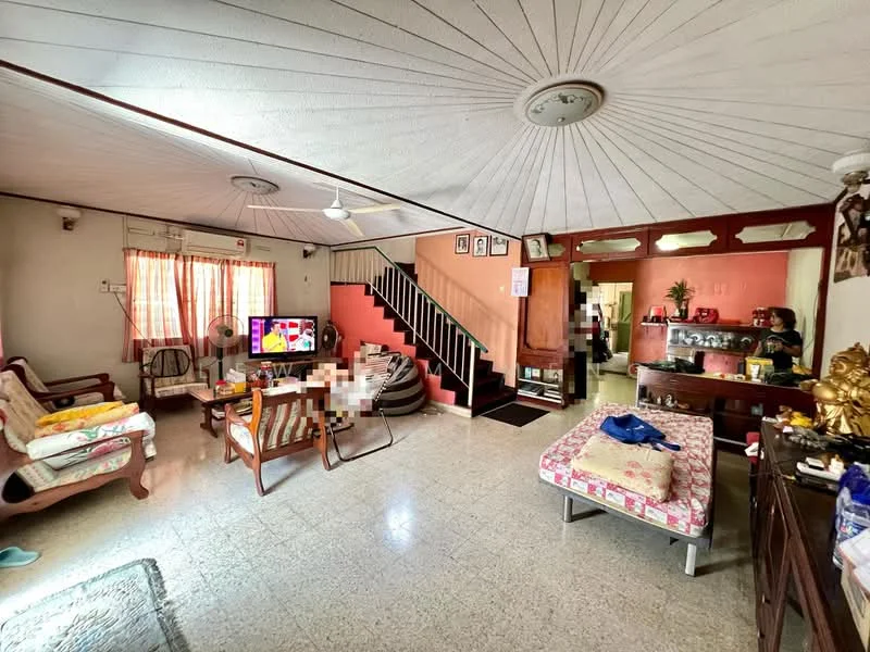 Living features: 5-blade ceiling fan with light, wall-mounted TV, 3-seater fabric sofa in beige, 2-seater wooden sofa, coffee table, area rug, decorative wall art, staircase leading to upper floor, window with sheer curtains, tile flooring, recessed ceiling with circular design, wooden side table; style: traditional. Kitchen features: open layout to living area, wooden cabinetry, countertop with sink, stainless-steel fridge, built-in oven, tile flooring; style: traditional.