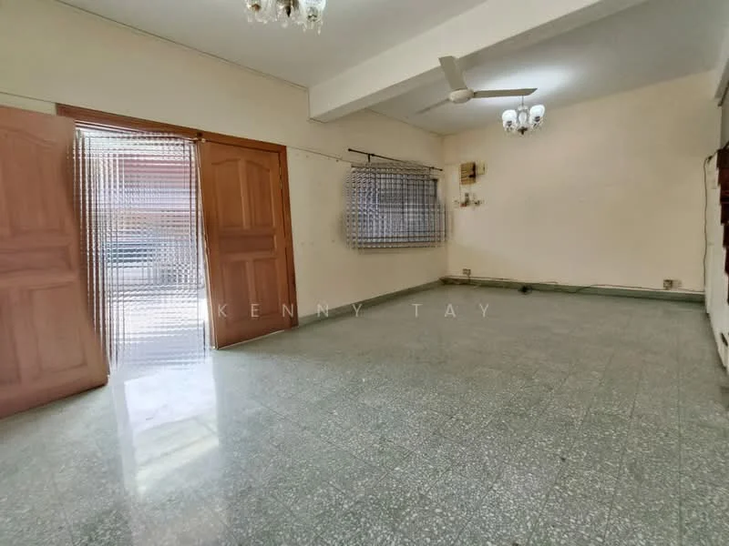 Room features: green speckled tile flooring, white painted walls, ceiling fan, 3-bulb chandelier, wooden door, window with grid pattern, curtains, power outlet, baseboard, wall-mounted light fixture.