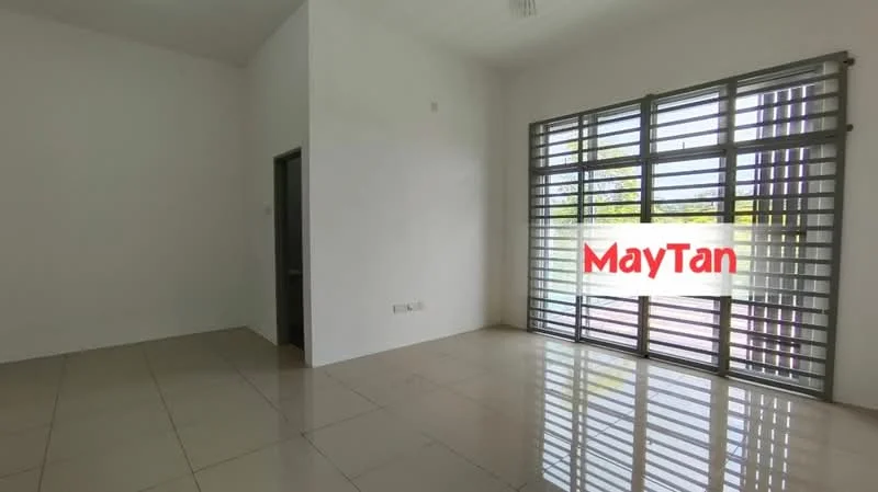 Room features: white painted walls, glossy tile flooring, large windows with horizontal metal grilles, natural light from windows, corner room, minimalist design, no visible furniture, high ceiling; style: modern; view: garden.