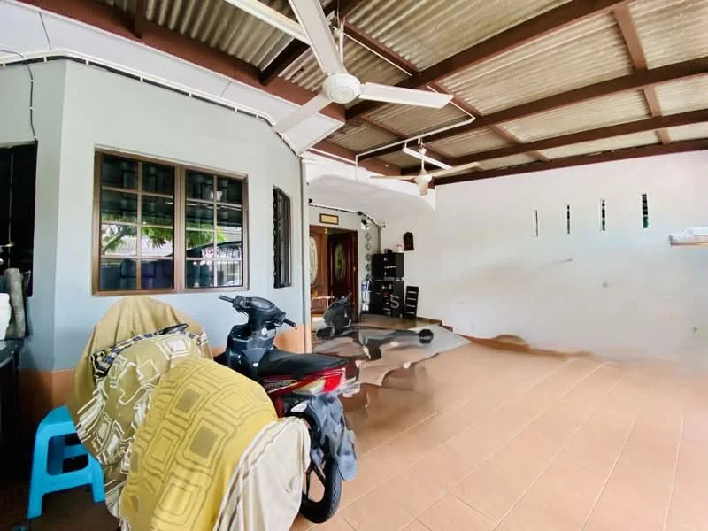 Room features: exposed metal beams, ceiling fan, tiled flooring, white painted walls, large window, motorbike, wooden furniture, decorative items, open layout; style: modern; view: garden.