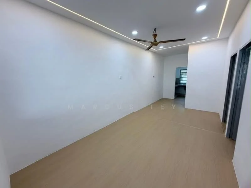 Room features: white painted walls, laminate flooring, 5-blade ceiling fan with light, recessed LED downlights, open layout, no visible furniture, large windows, neutral color scheme; style: modern.