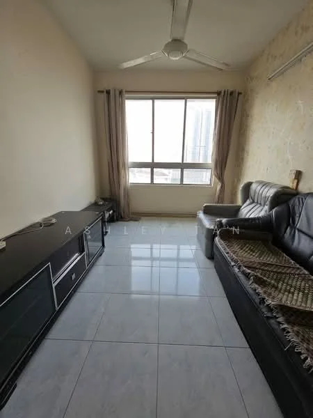 Living features: cream painted walls, white ceiling, 5-blade ceiling fan, large window with city view, black TV console, black leather sofa, area rug, tile flooring; style: modern; view: city.