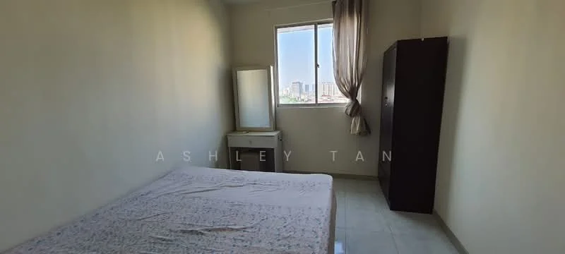 Bedroom features: single bed, white bed linens, light grey walls, window with city view, curtains, mirror on dresser, dark wood wardrobe, tile flooring; style: minimalist; view: city.