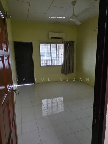 Room features: green painted walls, white ceiling, glossy ceramic tile flooring, 1 wall-mounted split AC, 1 ceiling fan, window with sheer curtains, door with wooden finish, light switch, light fixture.