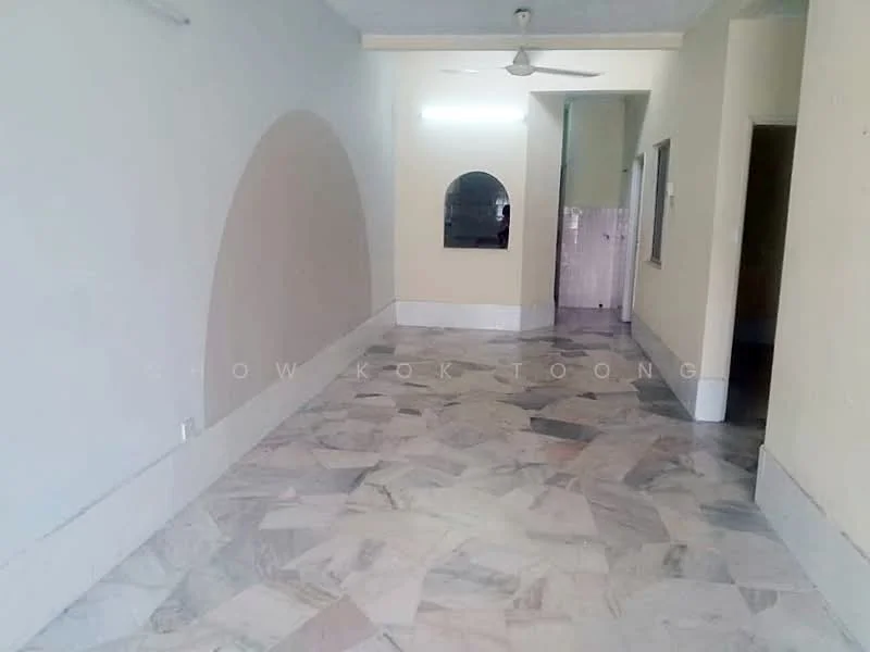 Room features: marble flooring, white painted walls, ceiling fan, arched wall feature, window with no treatments, light fixture on ceiling, open layout, neutral color scheme; style: minimalist.