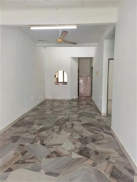 Room features: marble tile flooring, white painted walls, ceiling fan, arched window opening, doorway leading to another room, natural light from windows, high ceiling, neutral color scheme; style: modern.