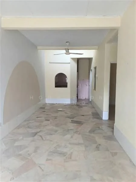 Room features: marble flooring, white painted walls, arched wall feature, ceiling fan, neutral color scheme, open layout, natural light from windows, high ceiling; style: modern.