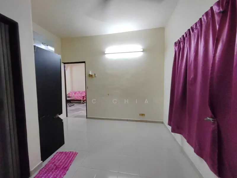 Room features: white painted walls, glossy tile flooring, ceiling light fixture, purple curtains, black wardrobe, pink area rug; style: modern.