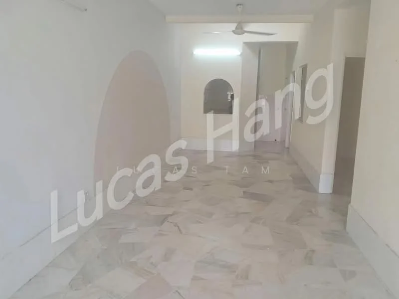 Room features: marble flooring, white painted walls, ceiling fan, recessed lighting, arched doorway, open layout, neutral color scheme, large space; style: modern.
