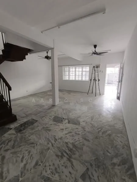 Room features: marble flooring, white painted walls, exposed ceiling beams, 2 ceiling fans, large windows, staircase, open layout, natural light; style: minimalist.