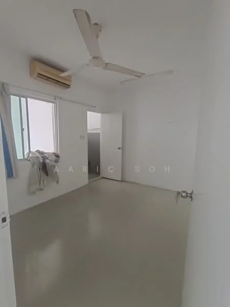 Room features: white painted walls, polished concrete flooring, ceiling fan, window with sheer curtains, air conditioning unit, door leading to another room, light-colored trim; style: minimalist.