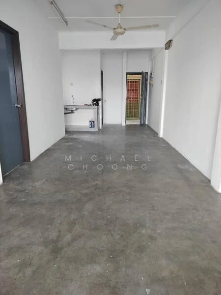 Room features: concrete flooring, white painted walls, ceiling fan, doorway leading to another room, open layout, natural light from windows, no visible furniture, neutral color scheme; style: minimalist.