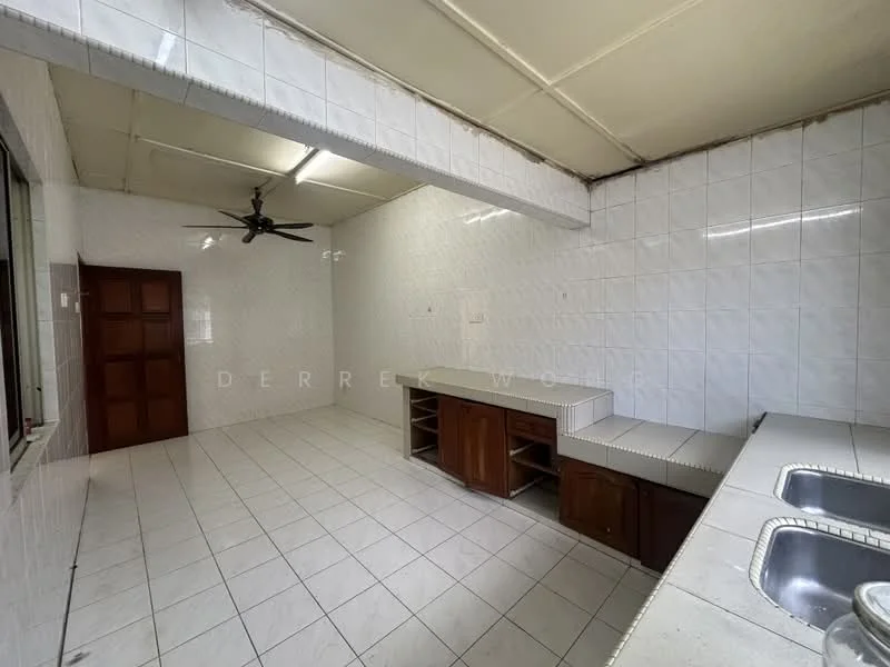 Kitchen features: white tiled walls, white tiled flooring, ceiling with exposed beams, 5-blade ceiling fan, double-bowl stainless-steel sink, chrome pull-down faucet, countertop with white tiles, wood cabinetry, open shelving, large window for natural light.