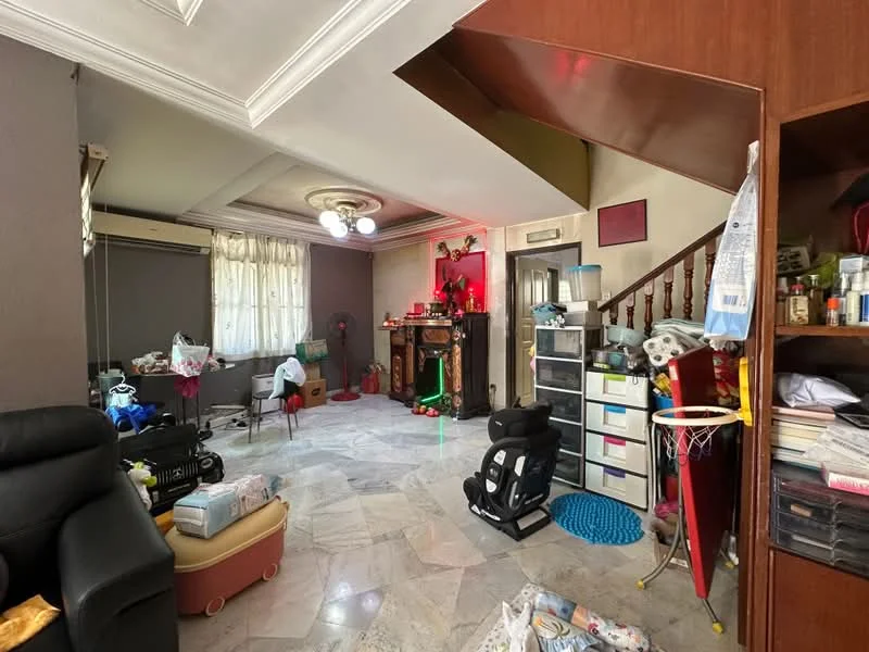 Living features: marble flooring, white painted walls, tray ceiling with chandelier, floor-to-ceiling windows with sheer curtains, black leather sofa, wooden staircase, decorative wall unit, various decorative items, area rug, children's toys, storage cabinets; style: contemporary.