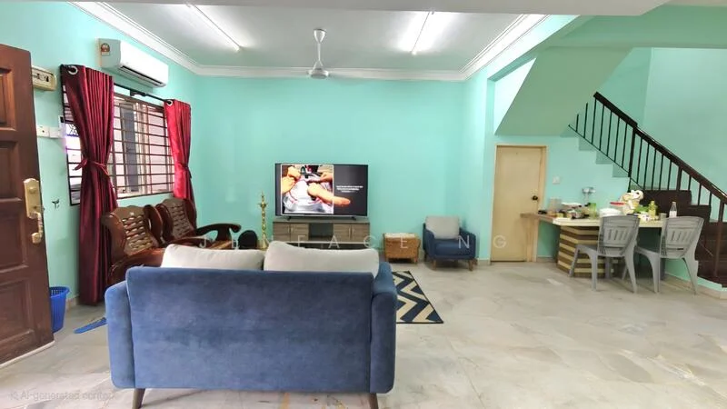 Living features: light blue painted walls, marble flooring, 5-blade ceiling fan, sofa in blue fabric, 3-seater brown leather sofa, coffee table, TV console, wall-mounted TV, area rug with geometric pattern, curtains in dark red, decorative wall art, staircase in background; style: contemporary.