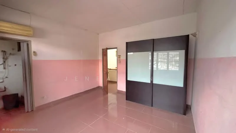 Room features: pink painted walls, white painted walls, glossy tile flooring, ceiling light fixture, built-in wardrobe with sliding doors, doorway leading to another room, doorway leading to kitchen area, visible plumbing fixtures.