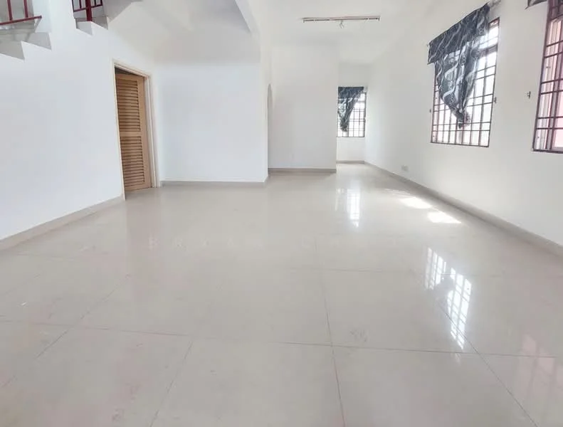 Room features: white painted walls, glossy ceramic tile flooring, large windows with grid pattern, natural light from windows, high ceiling, neutral color scheme, wooden door, staircase visible in background; style: modern.