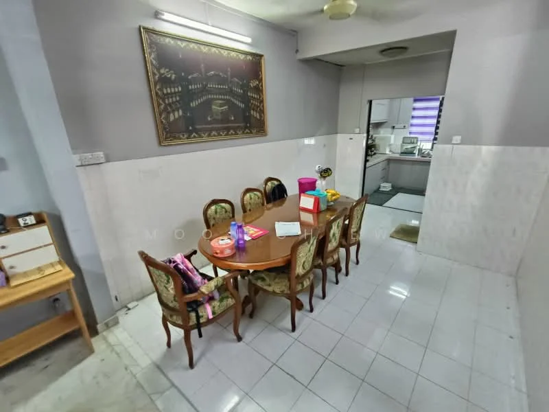 Dining features: wooden dining table, 6 upholstered dining chairs, decorative wall art, white tiled flooring, grey painted walls, ceiling fan, wall-mounted light fixtures, open layout to kitchen, table with items on it; style: modern. Room features: white tiled flooring, grey painted walls.