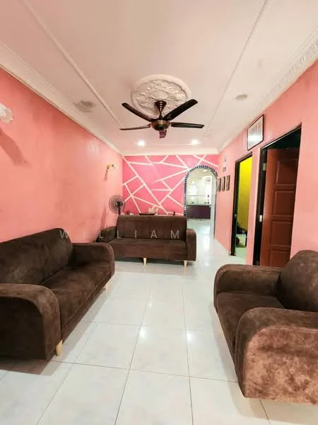 Living features: 2 brown fabric sofas, white tiled flooring, pink painted walls, decorative ceiling with ceiling rose, 5-blade ceiling fan, recessed lighting, wall-mounted artwork, arched doorway leading to another room; style: modern.