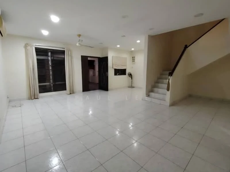 Living features: white painted walls, ceramic tile flooring, recessed downlights, 5-blade ceiling fan, large windows with sheer curtains, staircase leading to upper floor, open layout, corner fan, neutral color scheme; style: modern.