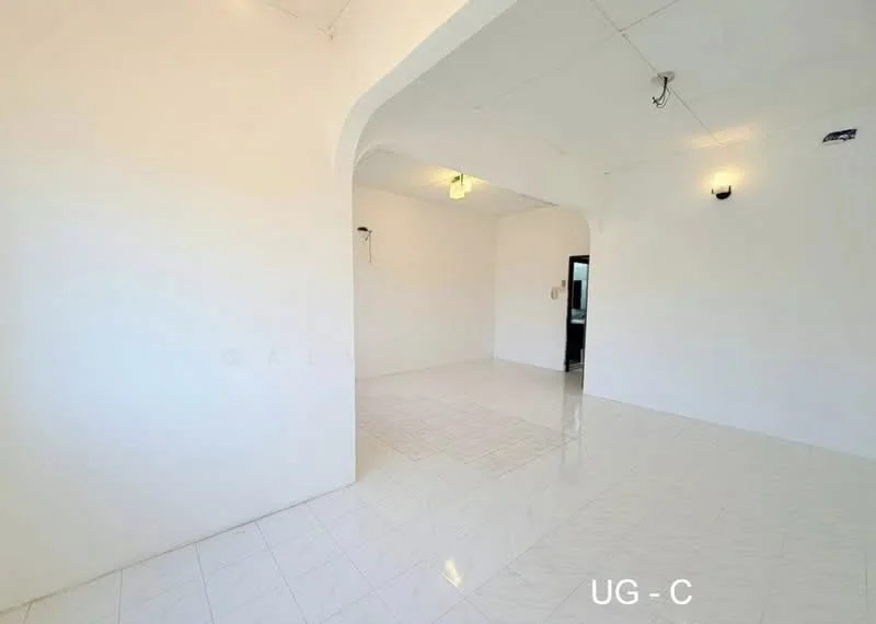 Room features: white painted walls, glossy white tile flooring, arched doorways, ceiling light fixture, wall-mounted light fixtures, open layout, no visible furniture, neutral decor; style: minimalist.