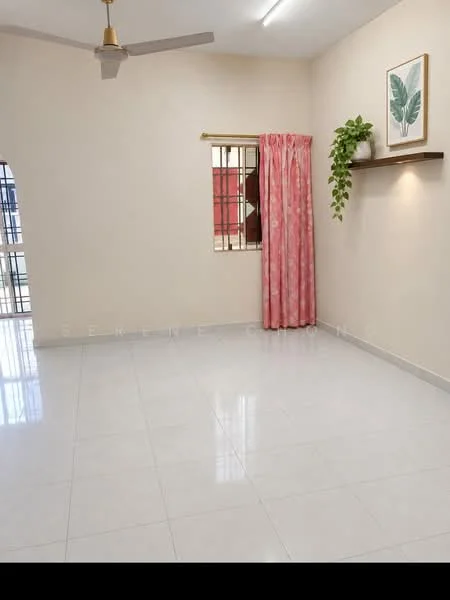 Living features: white painted walls, glossy ceramic tile flooring, ceiling fan, window with metal grille, pink curtain, shelf with decorative plant, recessed lighting, neutral color scheme; style: modern.