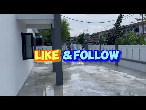 Exterior features: concrete flooring, white painted walls, grey columns, fenced perimeter, driveway, surrounding greenery, overcast sky; style: modern.