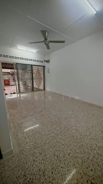 Room features: white painted walls, polished concrete flooring, 5-blade ceiling fan, floor-to-ceiling sliding glass doors, security grille, natural light from doors, high ceiling, LED ceiling lights; style: modern.
