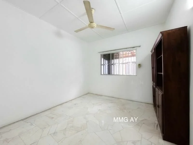 Room features: white painted walls, marble flooring, ceiling fan, window with metal grille, wooden cabinet, natural light from window.