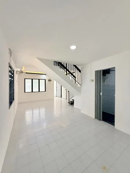 Room features: white painted walls, white tiled flooring, staircase with black railing, floor-to-ceiling windows, ceiling light, doorway leading to another room, open layout, natural light from windows; style: modern.