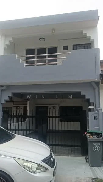 Exterior type: linked terrace house; features: grey painted facade, two-storey structure, balcony with railing, front gate, paved driveway, car porch, black window grilles, signage on facade; style: modern.