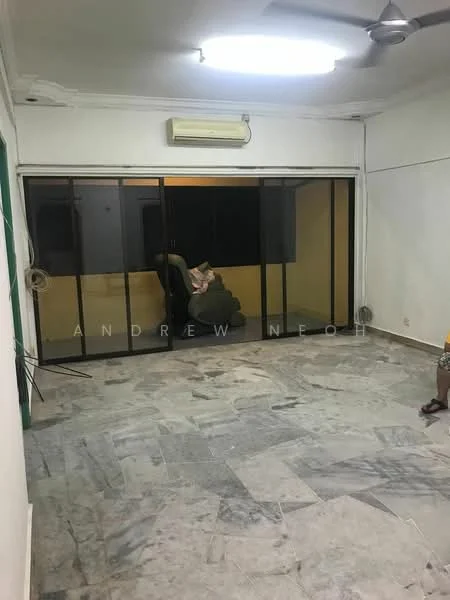 Room features: marble flooring, white painted walls, ceiling fan, wall-mounted split AC, large glass sliding doors, blackout curtains, neutral color scheme, recessed ceiling lights; style: modern.
