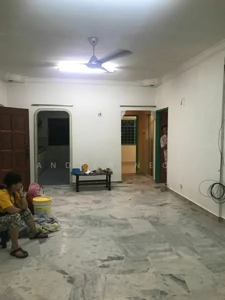 Living features: white painted walls, marble flooring, 5-blade ceiling fan, recessed ceiling lights, wooden door, open doorway leading to another room, visible electrical wiring, small coffee table, seating area with cushions.