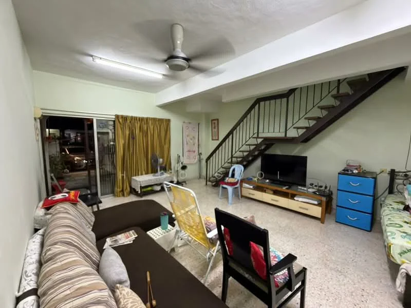 Living features: 3-seater fabric sofa in beige, 2-seater fabric sofa in grey, coffee table, TV console, wall-mounted TV, ceiling fan, recessed lighting, sliding glass door, curtains, staircase, decorative wall art, area rug, flooring with speckled finish; style: contemporary; view: garden.