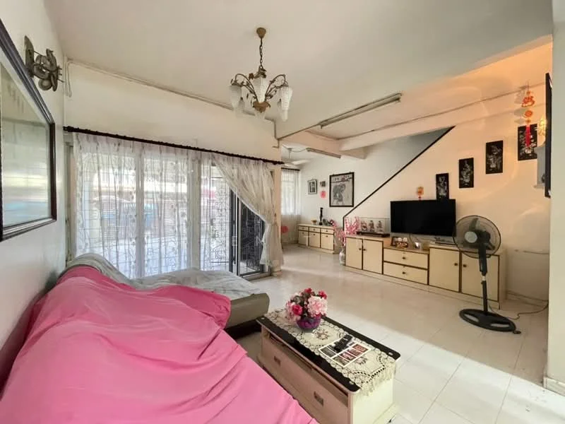 Living features: pink fabric sofa, coffee table with decorative items, TV console with wall-mounted TV, ceiling light fixture with multiple bulbs, floor fan, white tiled flooring, large sliding glass door, curtains, wall-mounted artwork, built-in cabinetry, open layout to kitchen area; style: contemporary.