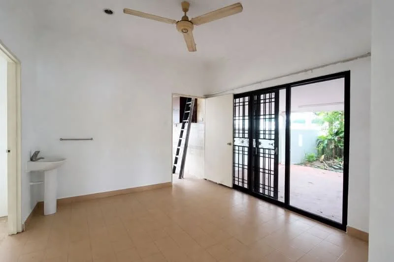 Room features: white painted walls, tile flooring, ceiling fan, single-bowl sink, sliding glass door, black metal grille door, window with view to outdoor area, staircase visible in background; view: garden.