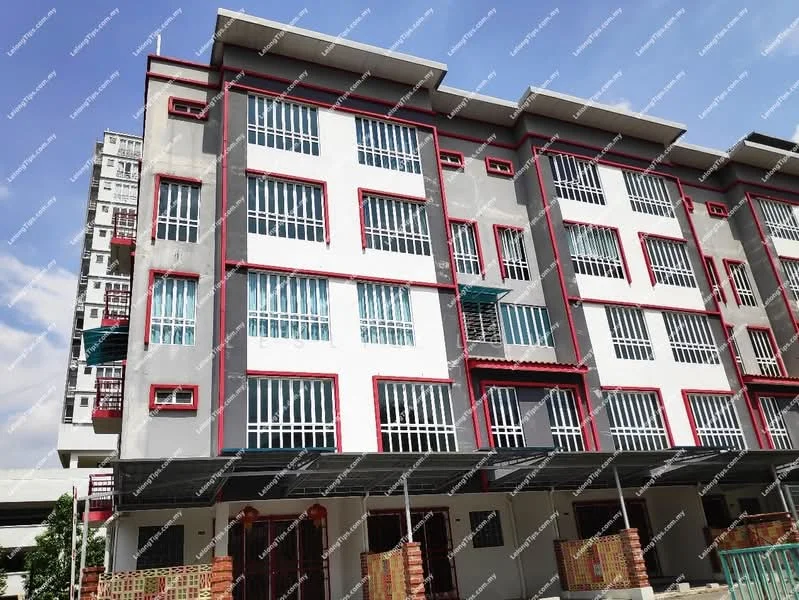 Exterior type: low-rise apartment block; features: grey painted facade, red accent trim, multiple balconies, horizontal sliding windows, covered car porch, brick base, manicured landscaping, two-storey structure; style: modern.