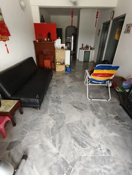 Living features: black leather sofa, marble tile flooring, wooden cabinet, decorative wall with red accents, folding chair with colorful stripes, wall-mounted shelves, TV console, ceiling fan; style: modern.