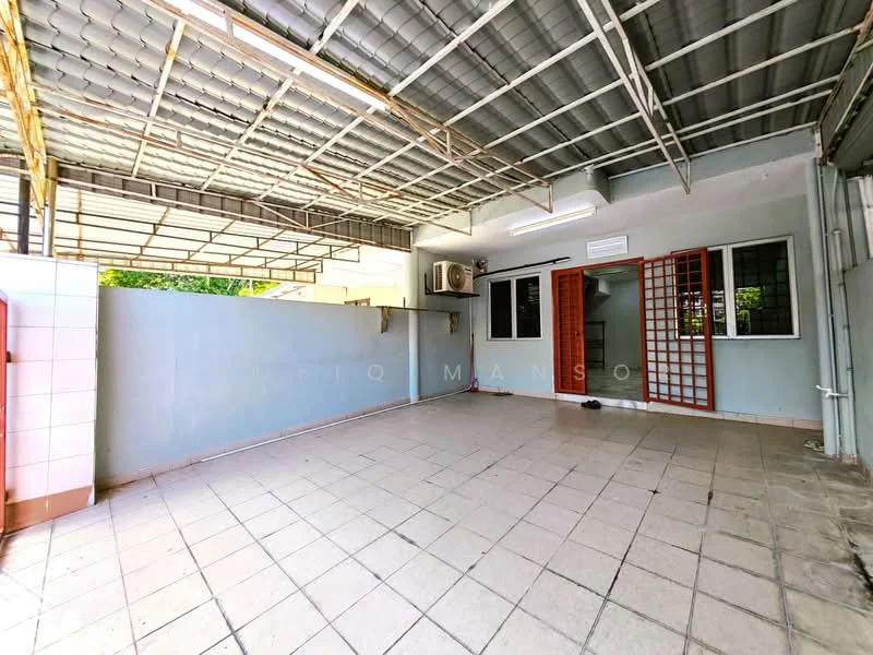 Room features: tiled flooring, exposed ceiling with metal beams, wall-mounted split AC unit, two sets of sliding windows, red wooden door, grey painted walls, open layout, natural light from windows; style: modern; view: garden.