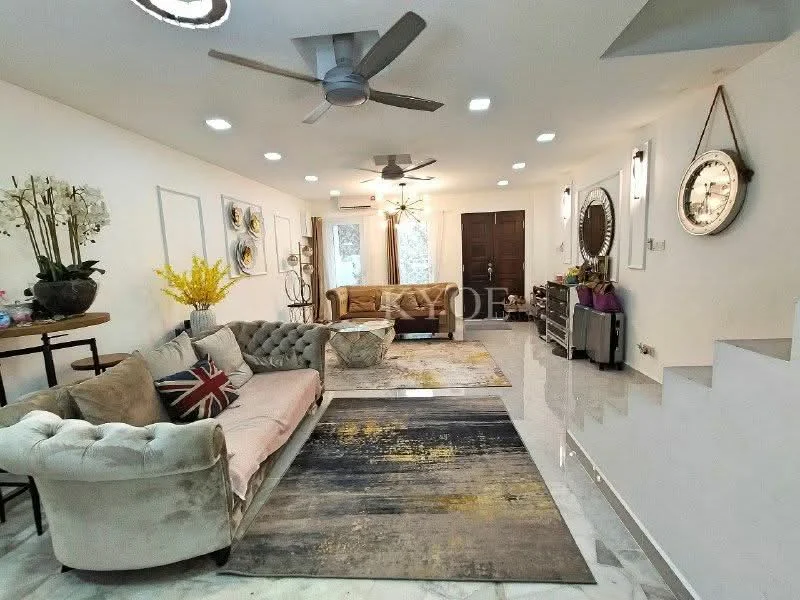Living features: 3-seater fabric sofa in beige, 2-seater fabric sofa with Union Jack cushion, area rug with abstract pattern, coffee table, wall-mounted clock, pendant light, 5-blade ceiling fan with light, recessed LED downlights, decorative plant in ceramic pot, wall art, marble flooring, white painted walls; style: modern.