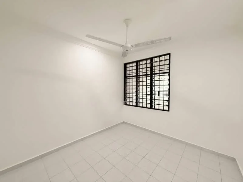 Room features: white painted walls, ceiling fan, square tile flooring in light grey, black grid windows, natural light from windows; style: minimalist.