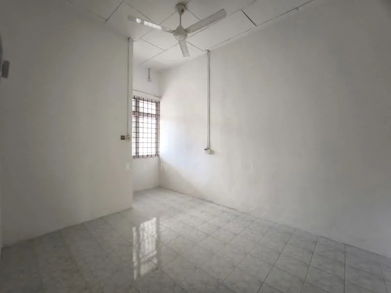 Room features: white painted walls, white ceiling, ceiling fan, tile flooring, window with grid, light fixture, power outlet, corner space.