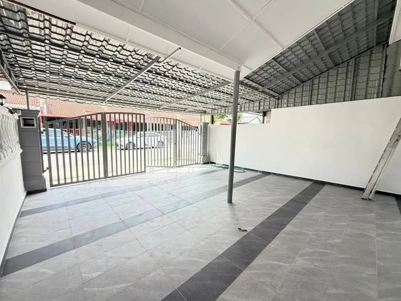 Exterior type: car porch; features: covered car porch, grey tiled flooring, metal roof, perimeter fence, sliding gate, white painted walls, open space, concrete support column; style: modern.