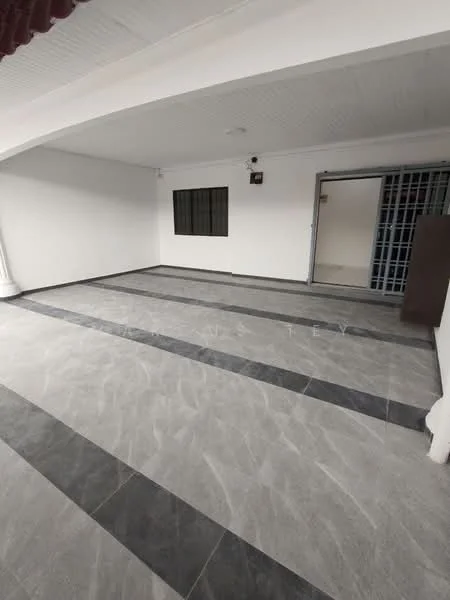 Room features: white painted walls, grey tiled flooring with black accents, ceiling with recessed lighting, single window, metal security grille door, open layout, no visible furniture or decor; style: modern.