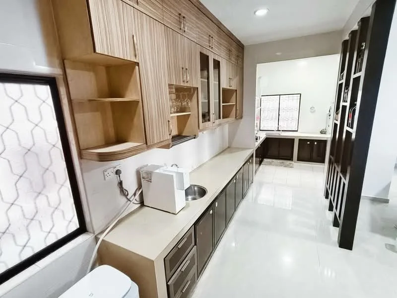 Kitchen features: laminate cabinetry in light wood finish, white countertop, single-bowl stainless-steel sink, chrome pull-down faucet, built-in microwave, under-cabinet lighting, tile backsplash, floor-to-ceiling windows, ceramic tile flooring, open shelving, built-in cabinets, kitchen island with seating; style: modern.