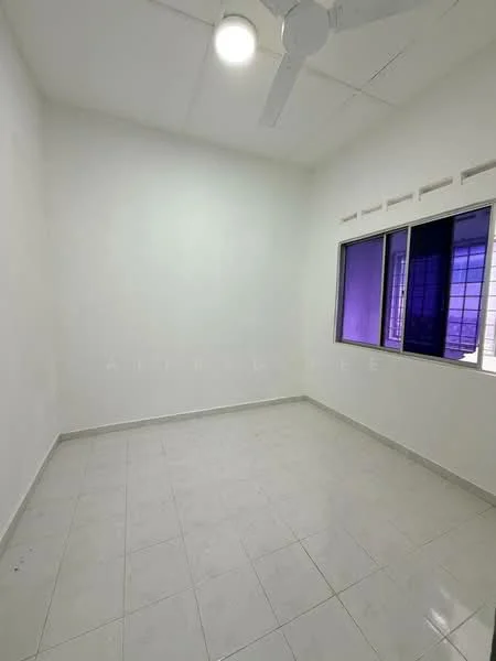 Room features: white painted walls, white ceiling, ceiling fan, tile flooring, large window with purple curtains, natural light from window; style: minimalist.