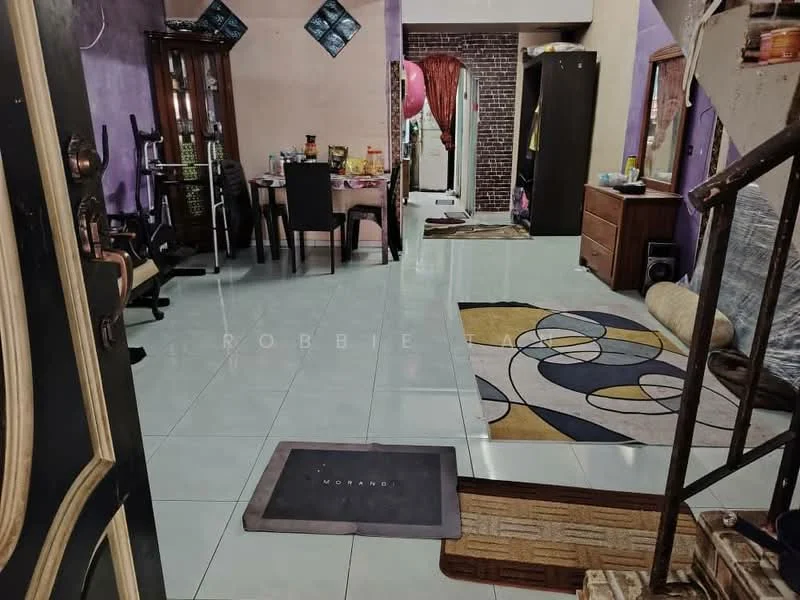 Living features: grey tiled flooring, purple painted walls, exposed brick wall, area rug with abstract pattern, sofa, coffee table, dining table with chairs, decorative wall art, floor lamp, curtains, staircase, storage cabinet; style: modern.