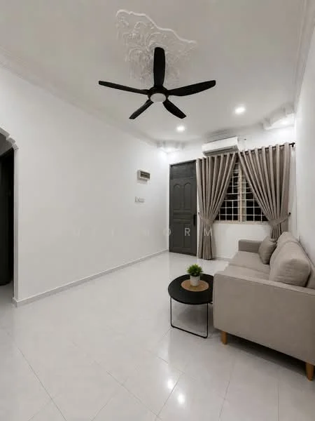 Living features: white painted walls, polished ceramic tile flooring, 5-blade ceiling fan with light, recessed downlights, floor-to-ceiling window with sheer curtains, sofa in light beige fabric, coffee table with black top and wooden legs, decorative ceiling rose, air conditioning unit on wall; style: modern.