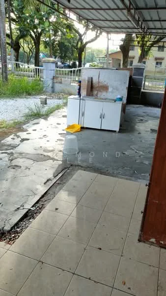 Room features: concrete flooring, white cabinetry, outdoor area, partially covered roof, surrounding greenery, gravel pathway, exposed wall, natural light; view: garden.