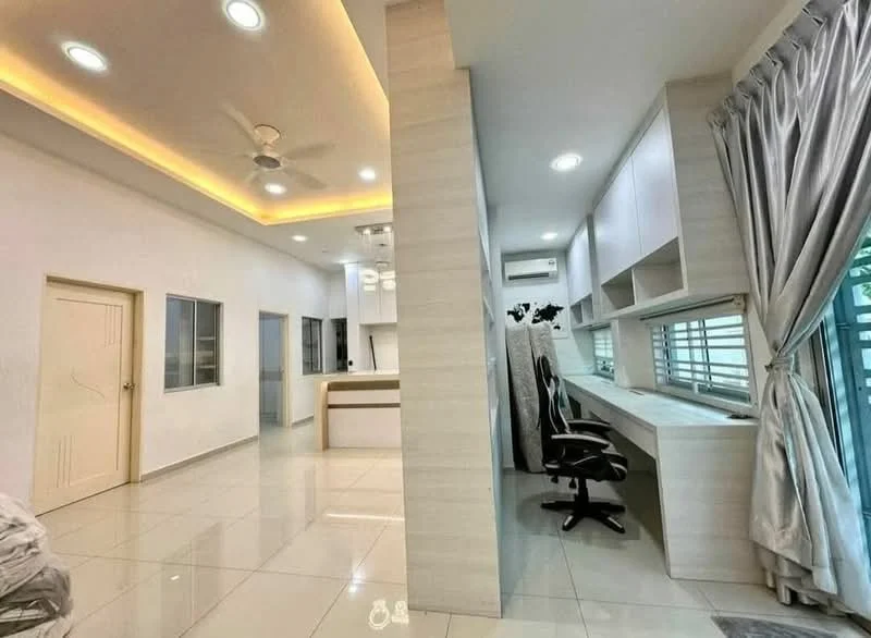 Living features: white painted walls, cream ceiling with recessed lighting, 5-blade ceiling fan, glossy tile flooring, large windows with blinds, built-in desk with shelving, open layout to kitchen, air conditioning unit; style: modern. Room features: white painted walls, glossy tile flooring, door to hallway, window with glass panes.